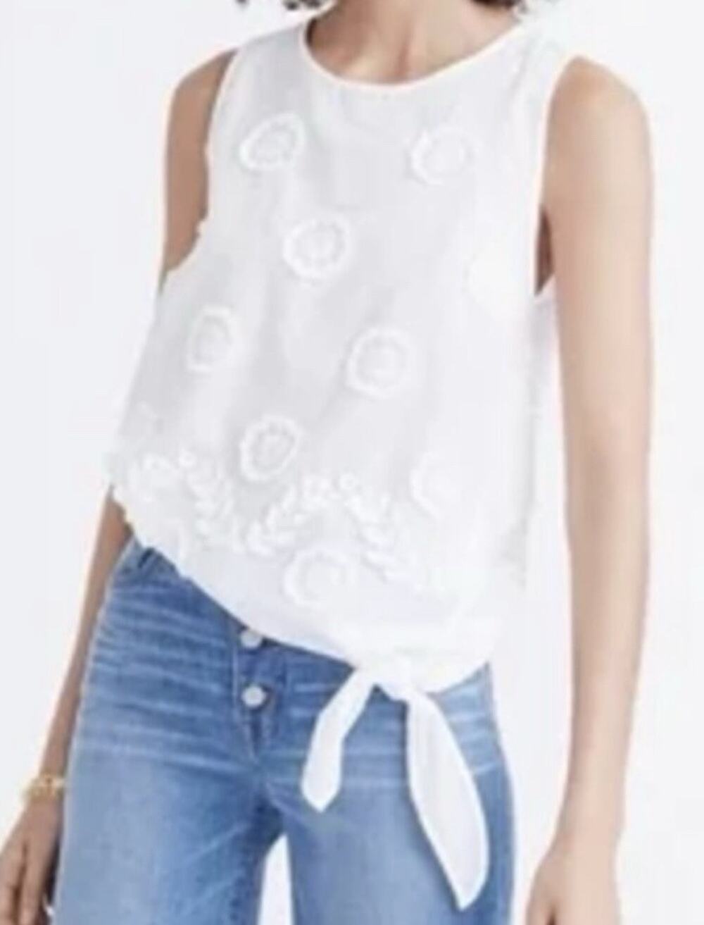 Madewell White Cotton Sleeveless Tie Waist Blouse M Tank Crew Neck Boho